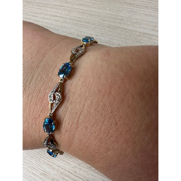 14k Yellow Gold London Blue Topaz and Diamond 7” Tennis Bracelet 6 Grams Vintage - Picture 2 of 7